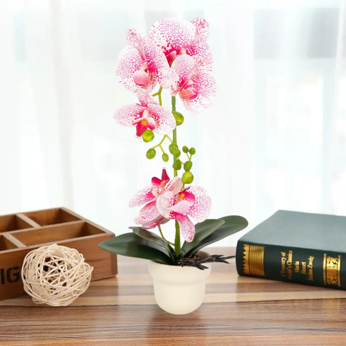 Orhidee cu aspect natural in ghiveci ceramic, 49 cm, Naimeed D6898, Roz/Alb