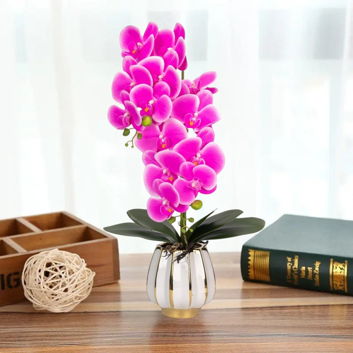 Orhidee cu aspect natural in ghiveci ceramic, 79 cm, Naimeed D6902, Fucsia