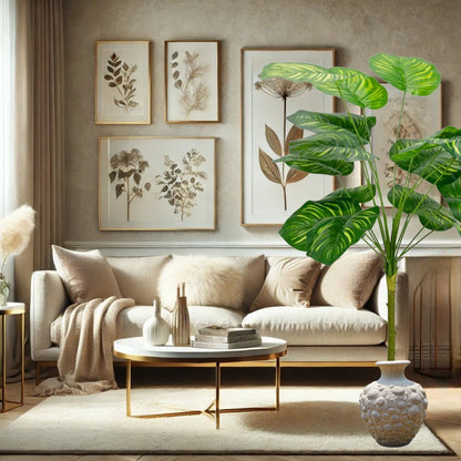 Planta decorativa artificiala, fara ghiveci, tip Philodendron Birkin, Naimeed D6944, 88 cm, Verde