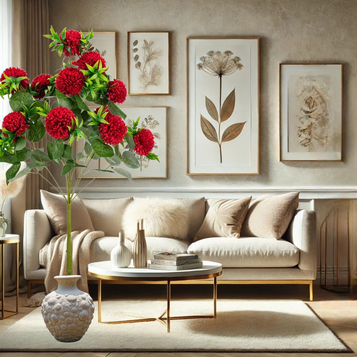 Planta decorativa artificiala, fara ghiveci, tip Crizantema, Naimeed D6961, 105 cm, Rosu