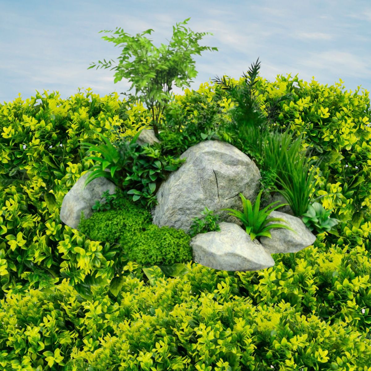 Planta decorativa artificiala, fara ghiveci, tip Buxus, Naimeed D6967, 80x40 cm, Galben/Verde