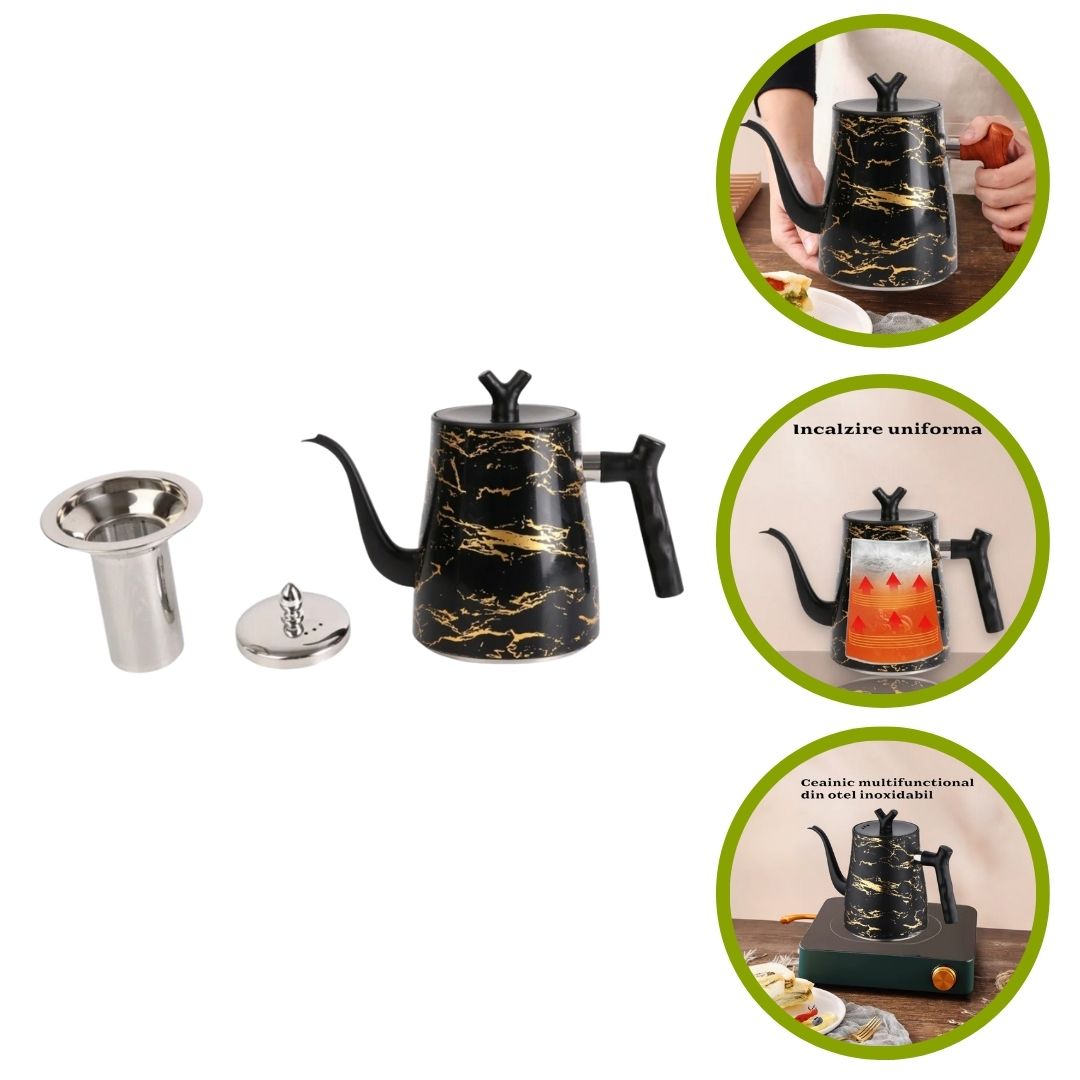 Ceainic cu infuzor si capac, design elegant, otel inoxidabil/plastic, 1500ml, 16.5x13x10cm, Naimeed D6971, Negru