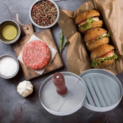Presa  pentru burgeri, din aluminiu cu maner din lemn, 11.5x7.5cm, Naimeed D6996, Argintiu