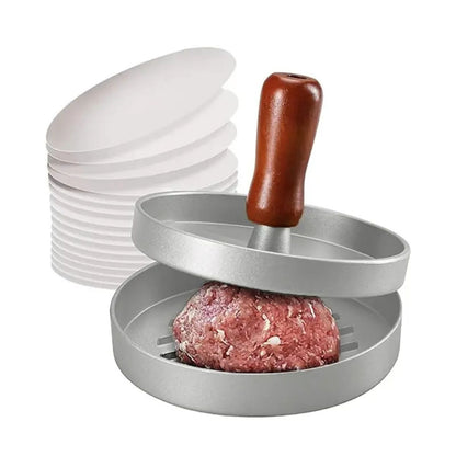Presa  pentru burgeri, din aluminiu cu maner din lemn, 11.5x7.5cm, Naimeed D6996, Argintiu