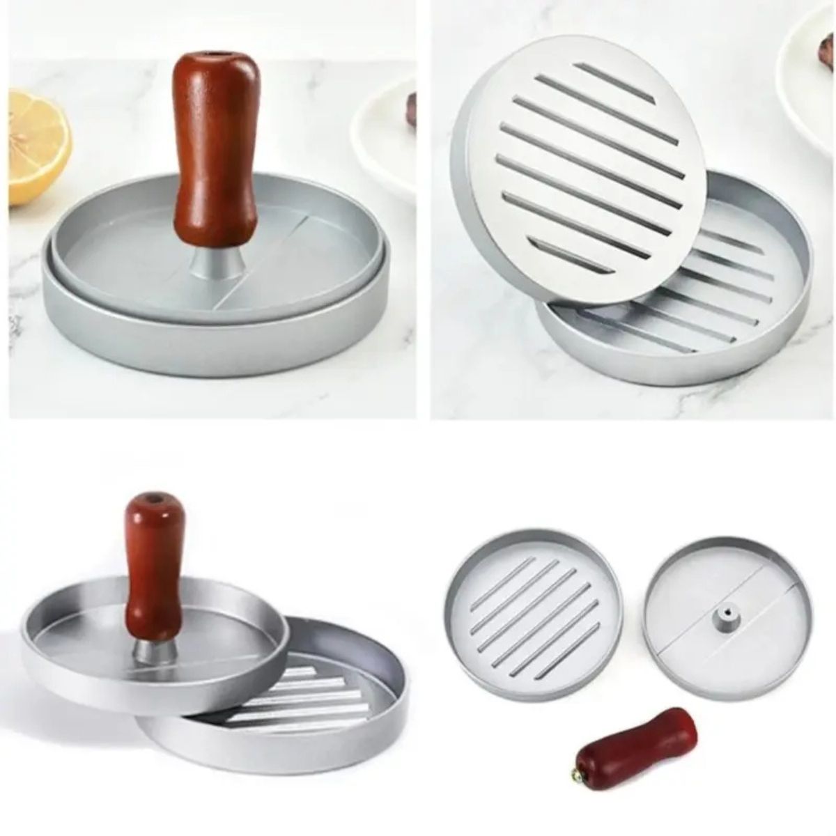 Presa  pentru burgeri, din aluminiu cu maner din lemn, 11.5x7.5cm, Naimeed D6996, Argintiu