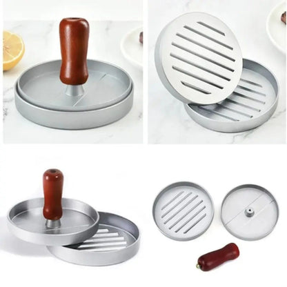 Presa  pentru burgeri, din aluminiu cu maner din lemn, 11.5x7.5cm, Naimeed D6996, Argintiu