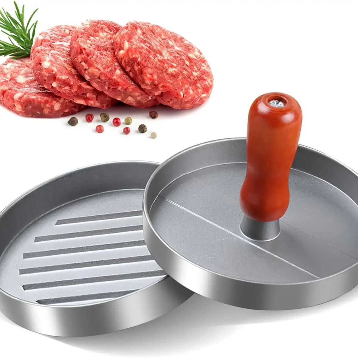 Presa  pentru burgeri, din aluminiu cu maner din lemn, 11.5x7.5cm, Naimeed D6996, Argintiu