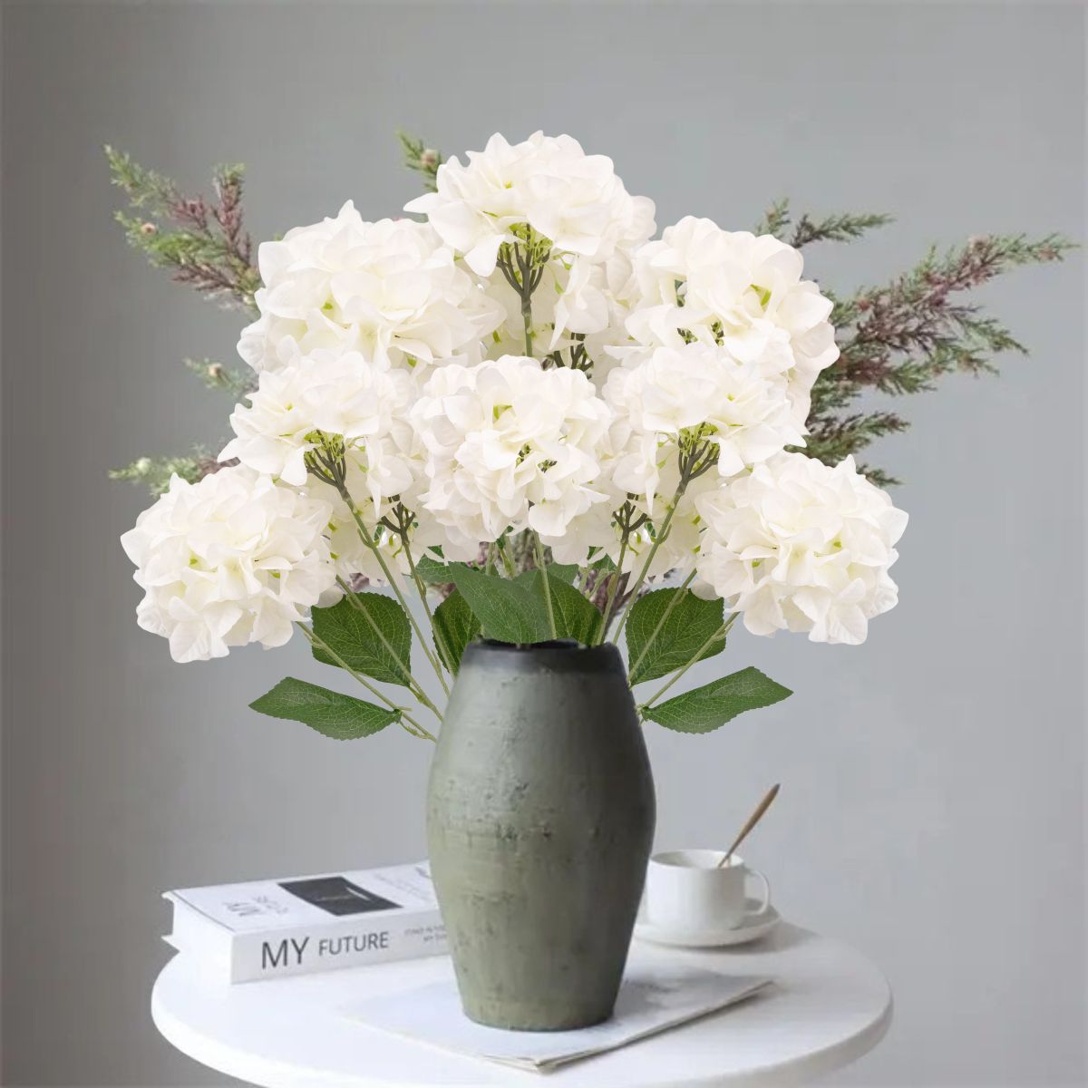 Buchet floare artificiala, Hortensie cu 5 ramuri si 6 capete, 50 cm, Naimeed D7031, Alb
