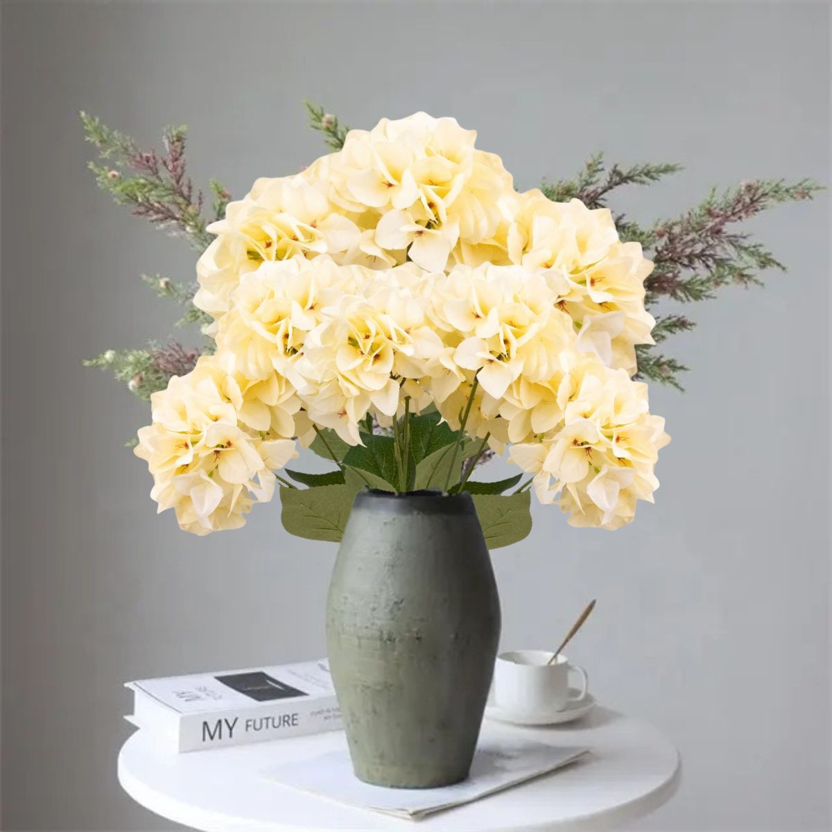 Buchet floare artificiala, Hortensie cu 5 ramuri si 6 capete, 50 cm, Naimeed D7032, Crem
