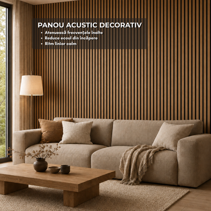 Panouri riflaj acustic decorativ, MDF si pasla, Naimeed D7100, 270x30x1.8cm, Stejar natur