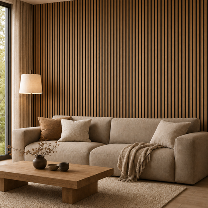 Panouri riflaj acustic decorativ, MDF si pasla, Naimeed D7100, 270x30x1.8cm, Stejar natur