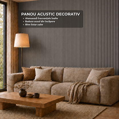 Panou riflaj acustic decorativ, MDF si pasla, Naimeed D7101, 270x30x1.8cm, Gri