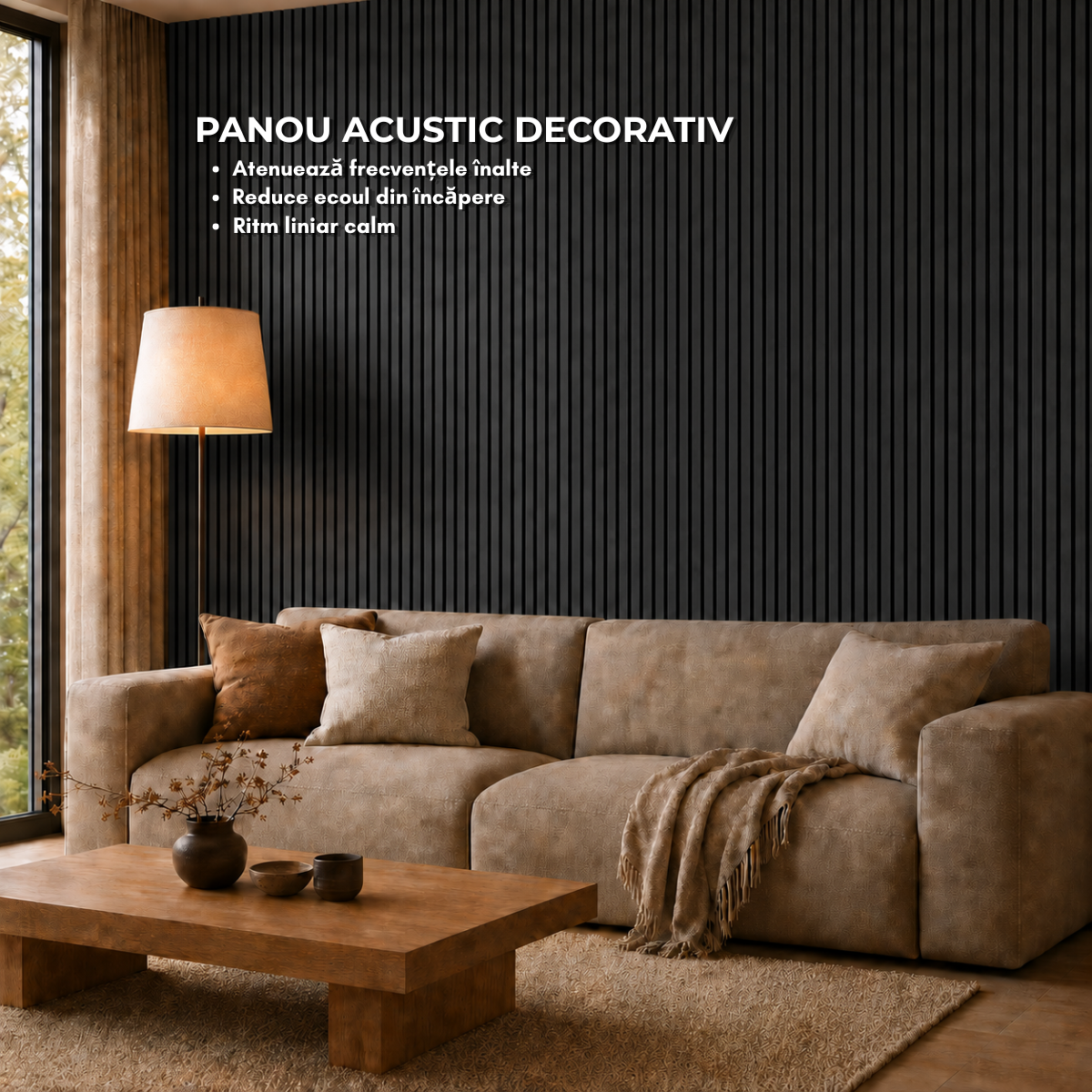 Panou riflaj acustic decorativ, MDF si pasla, Naimeed D7103, 270x30x1.8cm, Gri inchis