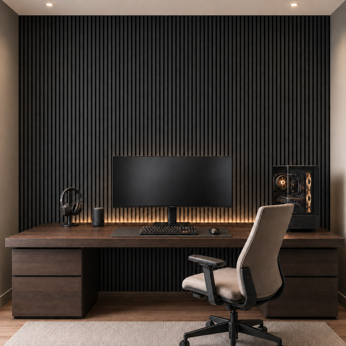 Panou riflaj acustic decorativ, MDF si pasla, Naimeed D7103, 270x30x1.8cm, Gri inchis