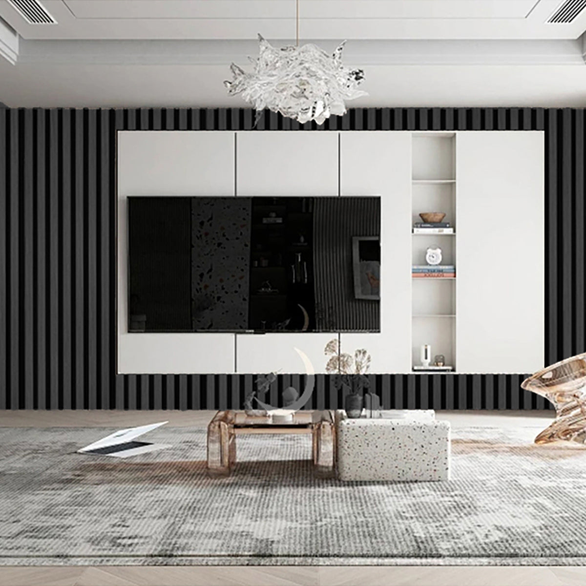 Set 6 Panouri riflaj acustic decorativ, MDF si pasla, Naimeed D7103, 270x30x1.8cm, Gri inchis