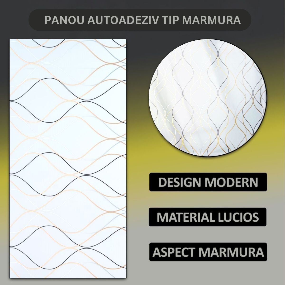 Set 6 panouri decorative autoadezive cu folie de aluminiu, efect marmura,  suprafata acoperita 1.08 m², Naimeed D7110, 60x30 cm, Alb