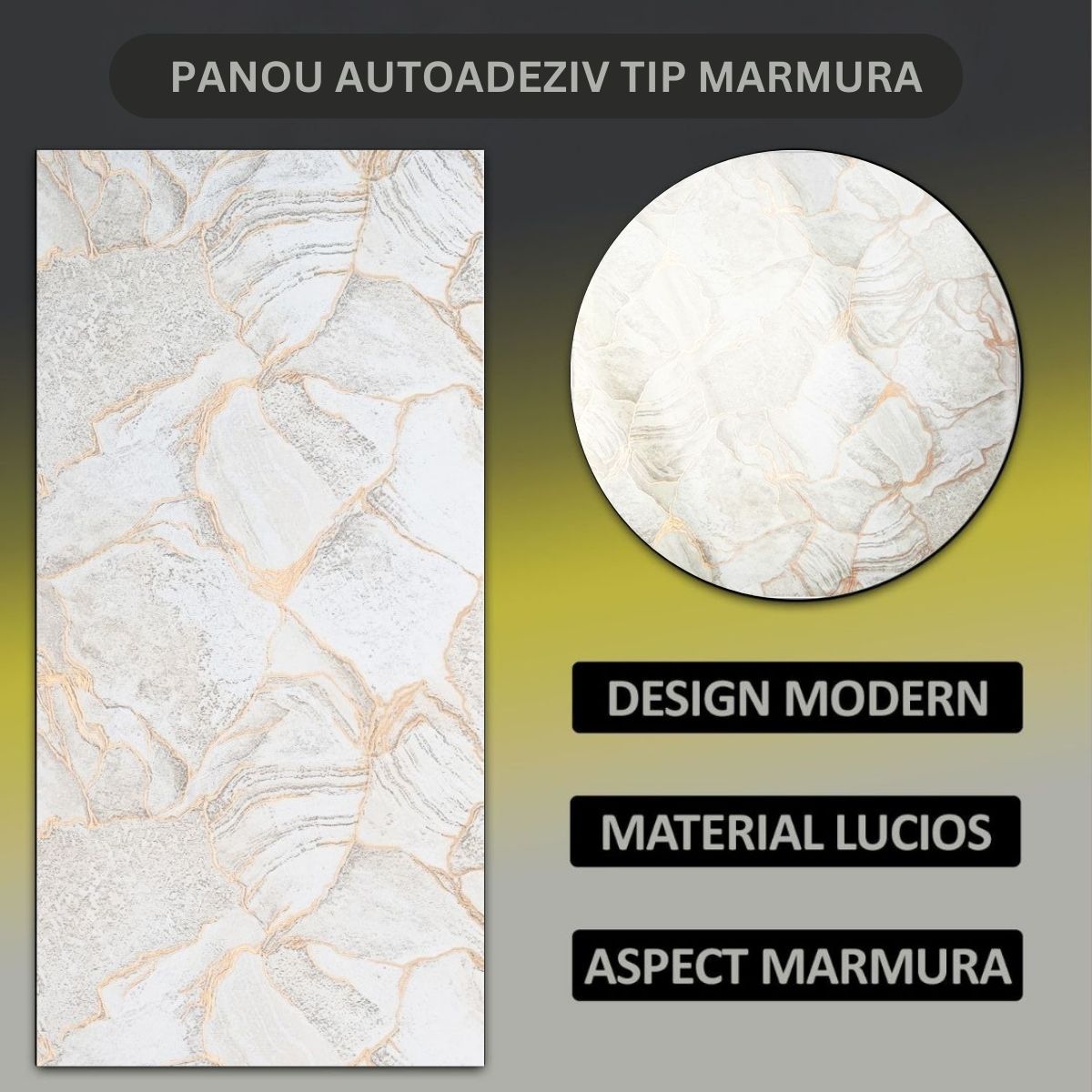 Set 6 panouri decorative autoadezive cu folie de aluminiu, efect marmura,  suprafata acoperita 1.08 m², Naimeed D7113, 60x30 cm, Bej/Gri
