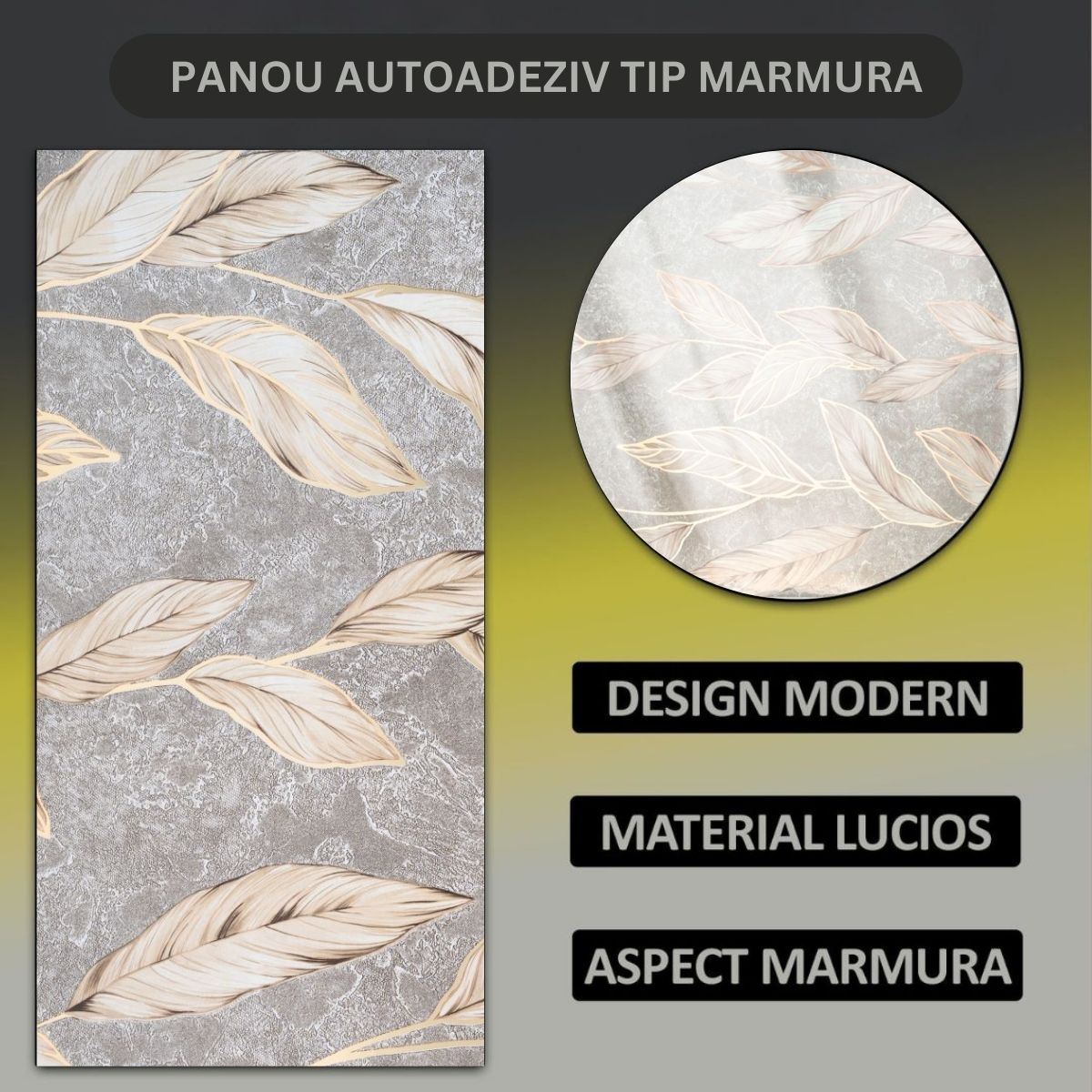 Set 6 panouri decorative autoadezive cu folie de aluminiu, efect marmura,  suprafata acoperita 1.08 m², Naimeed D7114, 60x30 cm, Gri