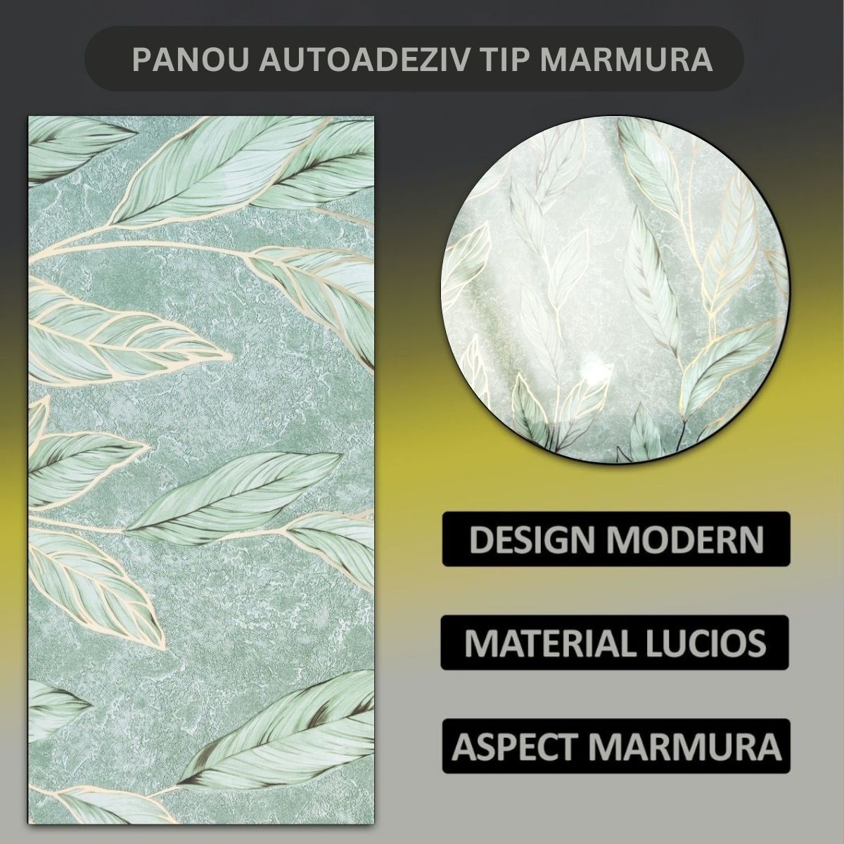 Set 6 panouri decorative autoadezive cu folie de aluminiu, efect marmura,  suprafata acoperita 1.08 m², Naimeed D7115, 60x30 cm, Verde