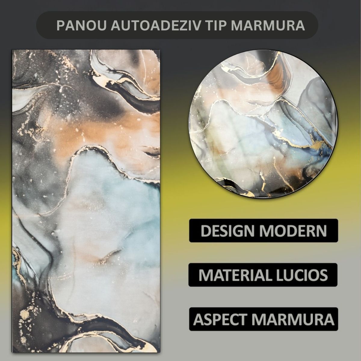 Set 6 panouri decorative autoadezive cu folie de aluminiu, efect marmura,  suprafata acoperita 1.08 m², Naimeed D7116, 60x30 cm, Multicolor