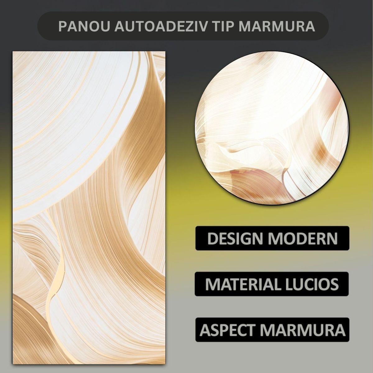 Set 6 panouri decorative autoadezive cu folie de aluminiu, efect marmura,  suprafata acoperita 1.08 m², Naimeed D7119, 60x30 cm, Crem