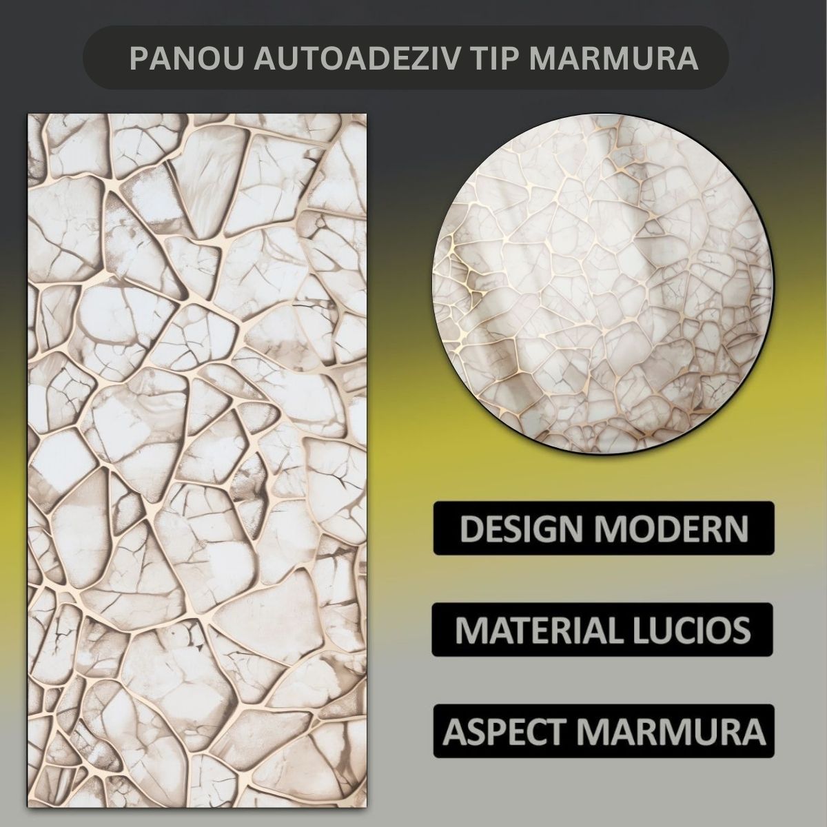 Set 6 panouri decorative autoadezive cu folie de aluminiu, efect marmura,  suprafata acoperita 1.08 m², Naimeed D7120, 60x30 cm, Bej