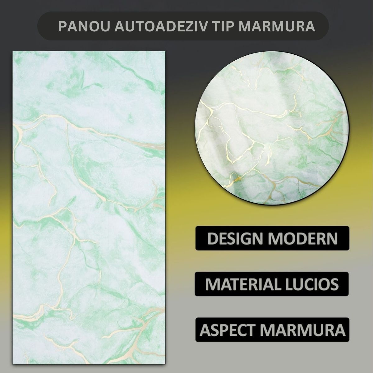 Set 6 panouri decorative autoadezive cu folie de aluminiu, efect marmura,  suprafata acoperita 1.08 m², Naimeed D7122, 60x30 cm, Verde deschis