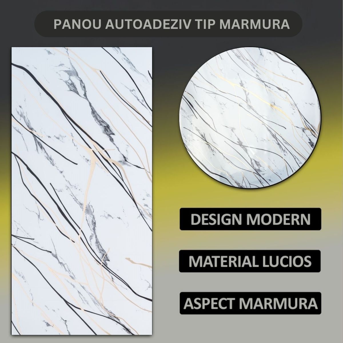 Set 6 panouri decorative autoadezive cu folie de aluminiu, efect marmura,  suprafata acoperita 1.08 m², Naimeed D7123, 60x30 cm, Gri deschis