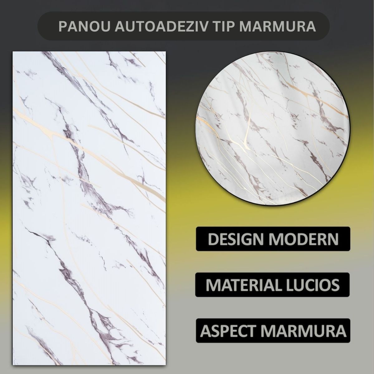 Set 6 panouri decorative autoadezive cu folie de aluminiu, efect marmura,  suprafata acoperita 1.08 m², Naimeed D7124, 60x30 cm, Alb