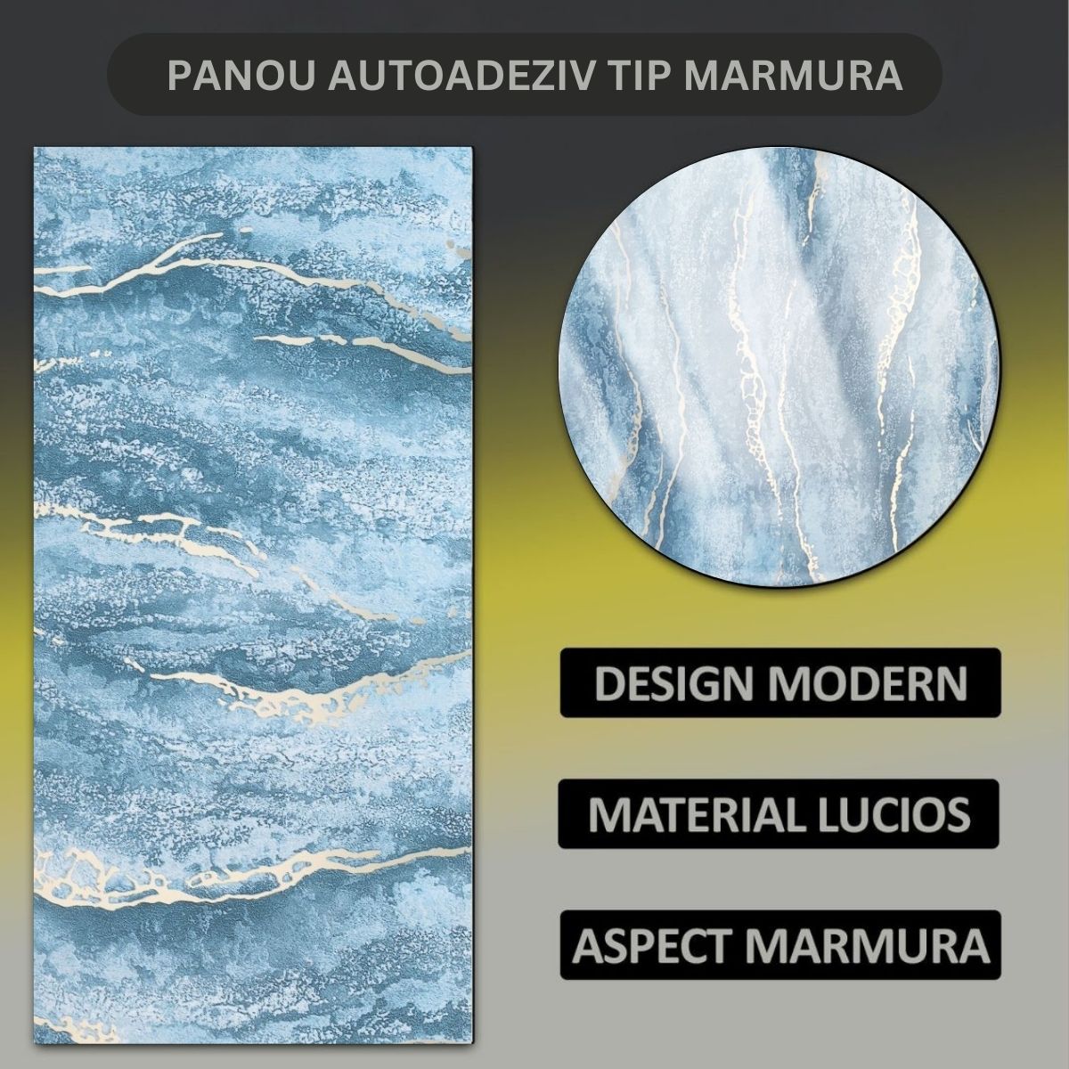 Set 6 panouri decorative autoadezive cu folie de aluminiu, efect marmura,  suprafata acoperita 1.08 m², Naimeed D7127, 60x30 cm, Albastru
