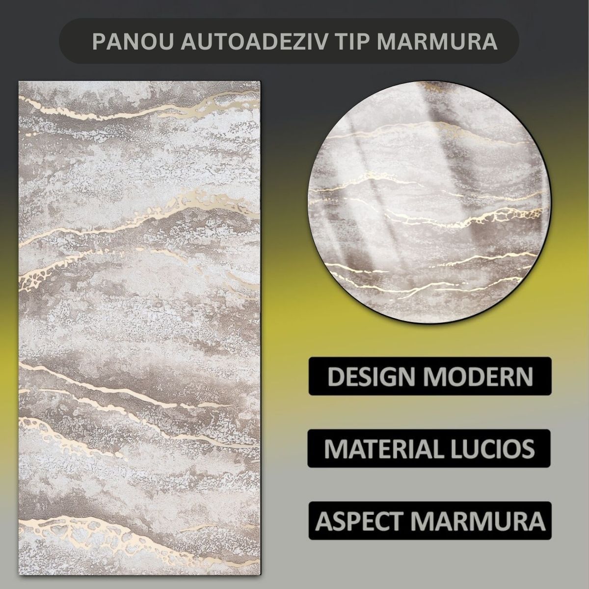 Set 6 panouri decorative autoadezive cu folie de aluminiu, efect marmura,  suprafata acoperita 1.08 m², Naimeed D7128, 60x30 cm, Maro deschis
