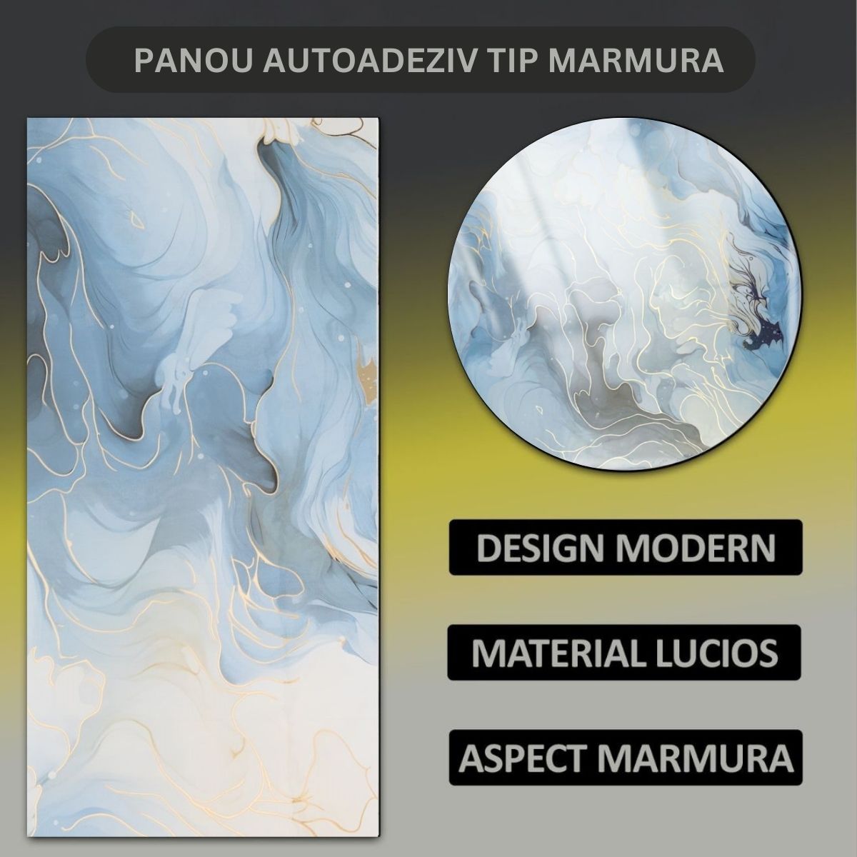 Set 6 panouri decorative autoadezive cu folie de aluminiu, efect marmura,  suprafata acoperita 1.08 m², Naimeed D7130, 60x30 cm, Albastru deschis