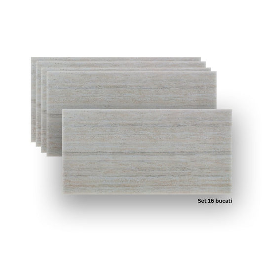 Set 16 panouri decorative din praf de piatra, Naimeed D7310, ignifuge, strat protector ceramic, rezistente la razele UV, 120x60x0.2 cm, alb bejuit