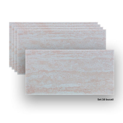 Set 16 panouri decorative din praf de piatra, Naimeed D7311, ignifuge, strat protector ceramic, rezistente la razele UV, 120x60x0.2 cm, bej rozaliu