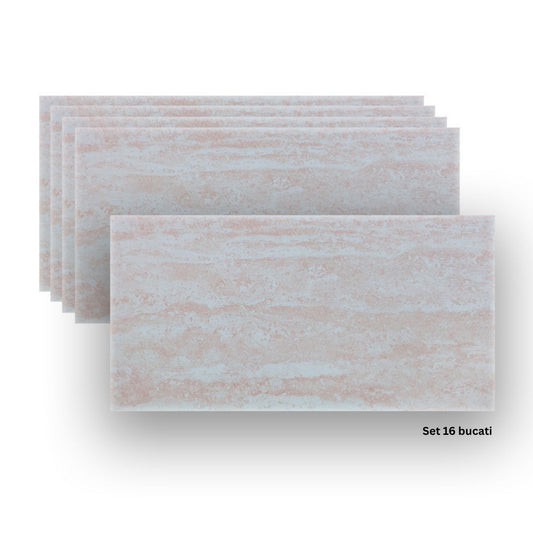 Set 16 panouri decorative din praf de piatra, Naimeed D7311, ignifuge, strat protector ceramic, rezistente la razele UV, 120x60x0.2 cm, bej rozaliu