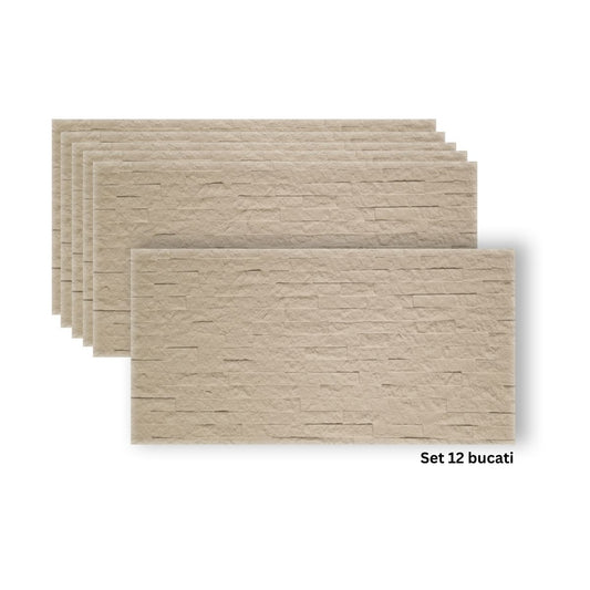 Set 12 panouri decorative din praf de piatra, Naimeed D7351, flexibile, ignifuge, strat protector ceramic, rezistente la razele UV, 120x60x0.2 cm, bej vanilie