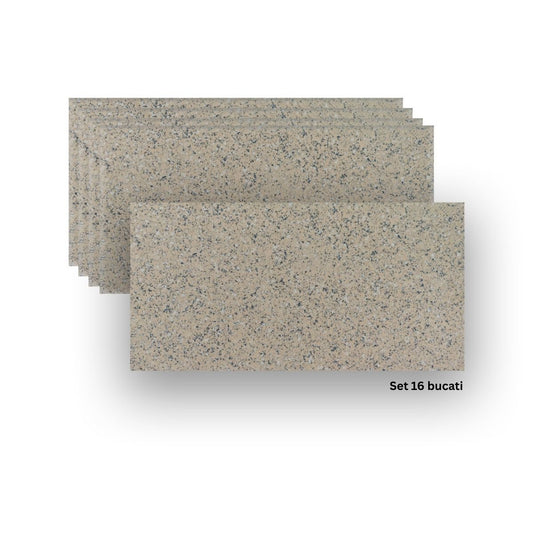 Set 16 panouri decorative din praf de piatra, Naimeed D7354, ignifuge, strat protector ceramic, rezistente la razele UV, 120x60x0.2 cm, granit nisipiu