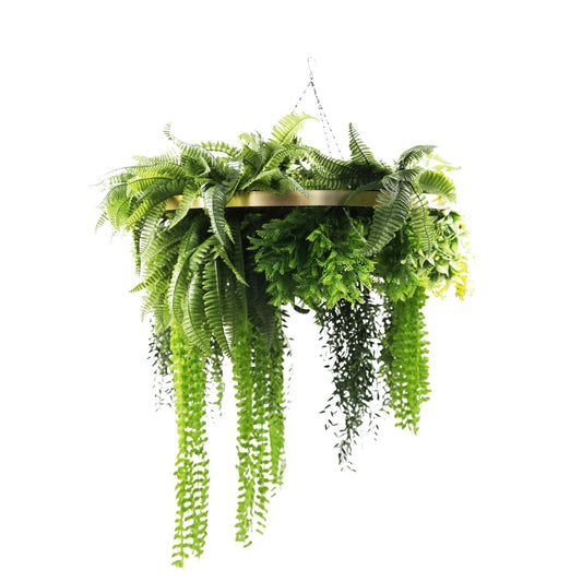 Aranjament Suspendat cu Plante Artificiale pe Disc Decorativ Auriu, Naimeed D7444, diametru 80 cm