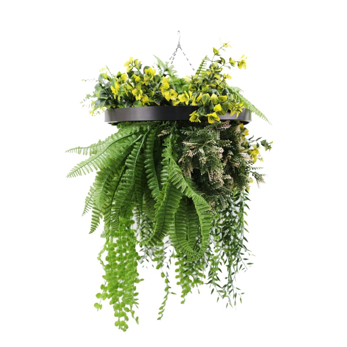 Aranjament Suspendat cu Plante Artificiale pe Disc Decorativ Negru, Naimeed D7445, diametru 40 cm
