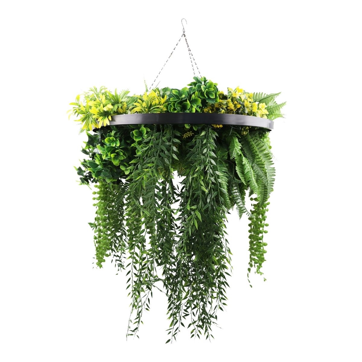 Aranjament Suspendat cu Plante Artificiale pe Disc Decorativ Negru, Naimeed D7446, diametru 60 cm