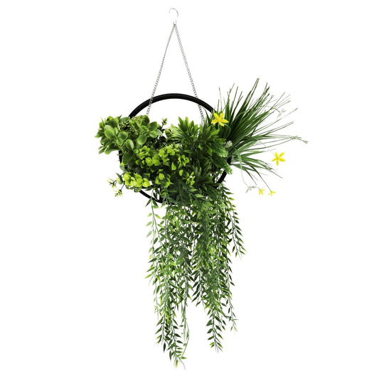 Aranjament Suspendat cu Plante Artificiale pe Disc Decorativ Negru, Naimeed D7447, diametru 30 cm