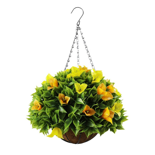 Planta artificiala suspendata, cu ghiveci din fibra de cocos, Naimeed D7449, diametru 28cm, galben