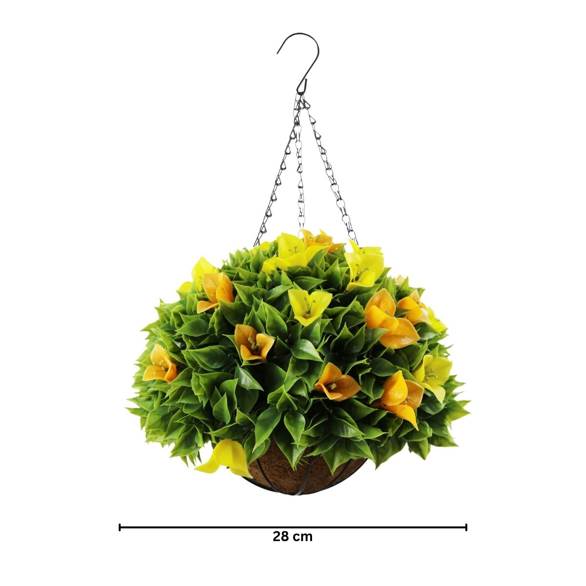 Planta artificiala suspendata, cu ghiveci din fibra de cocos, Naimeed D7449, diametru 28cm, galben