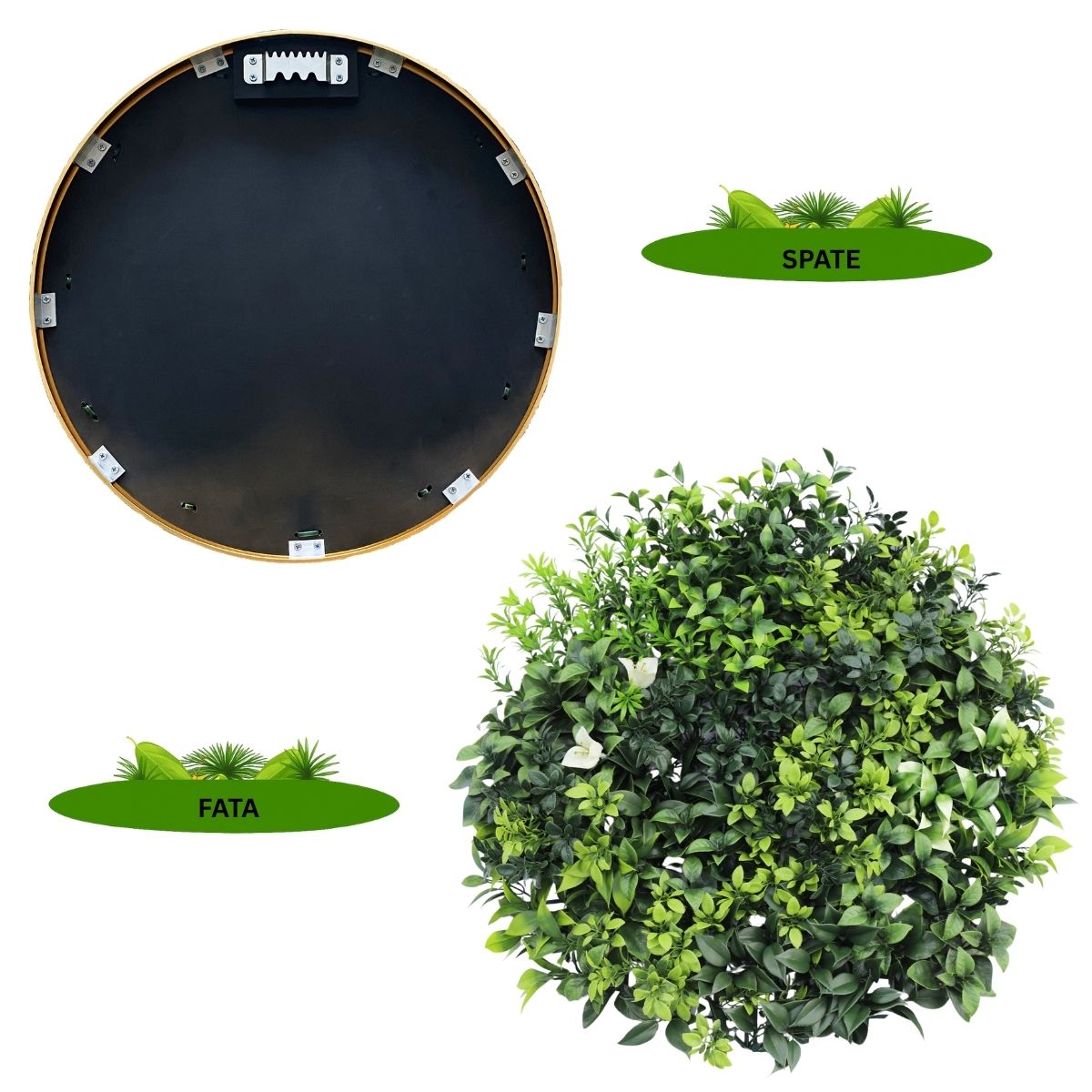 Aranjament decorativ, de perete, cu ramă din aluminiu și plante artificiale Naimeed D7451, diametru 50 cm