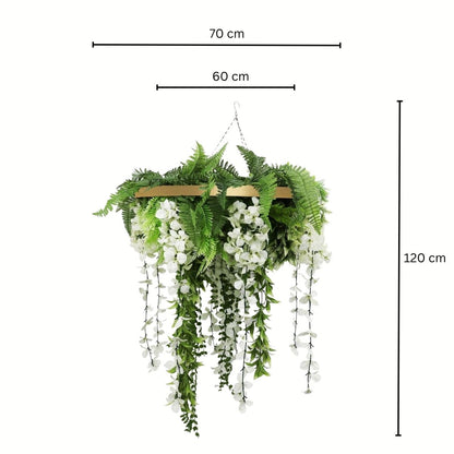 Aranjament Suspendat cu Plante Artificiale pe Disc Decorativ Auriu, Naimeed D7454, diametru 60 cm