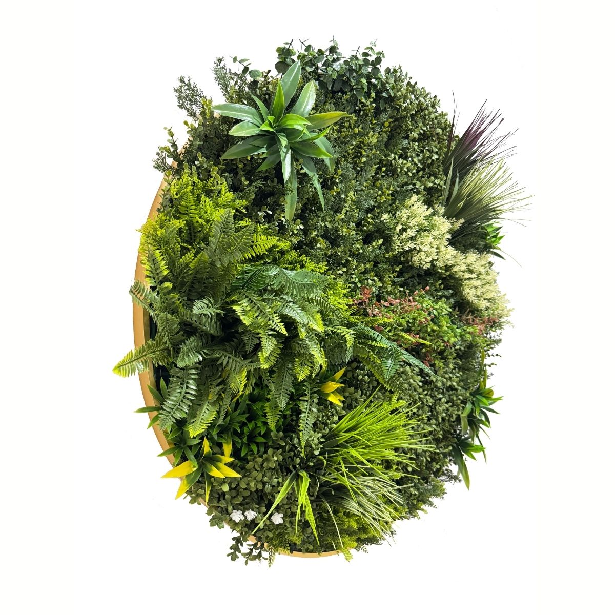 Aranjament decorativ, de perete, cu ramă din aluminiu și plante artificiale Naimeed D7463, diametru 100 cm