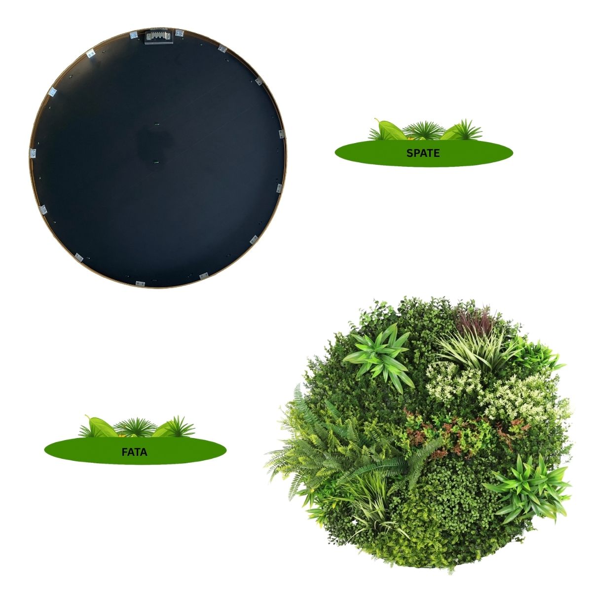 Aranjament decorativ, de perete, cu ramă din aluminiu și plante artificiale Naimeed D7463, diametru 100 cm