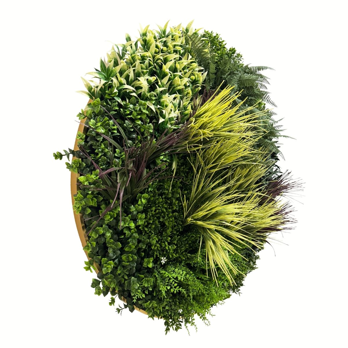 Aranjament decorativ, de perete, cu ramă din aluminiu și plante artificiale Naimeed D7464, diametru 100 cm