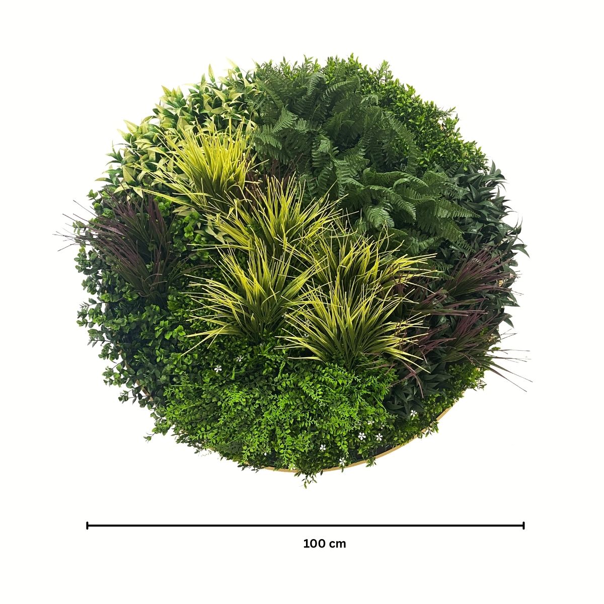 Aranjament decorativ, de perete, cu ramă din aluminiu și plante artificiale Naimeed D7464, diametru 100 cm