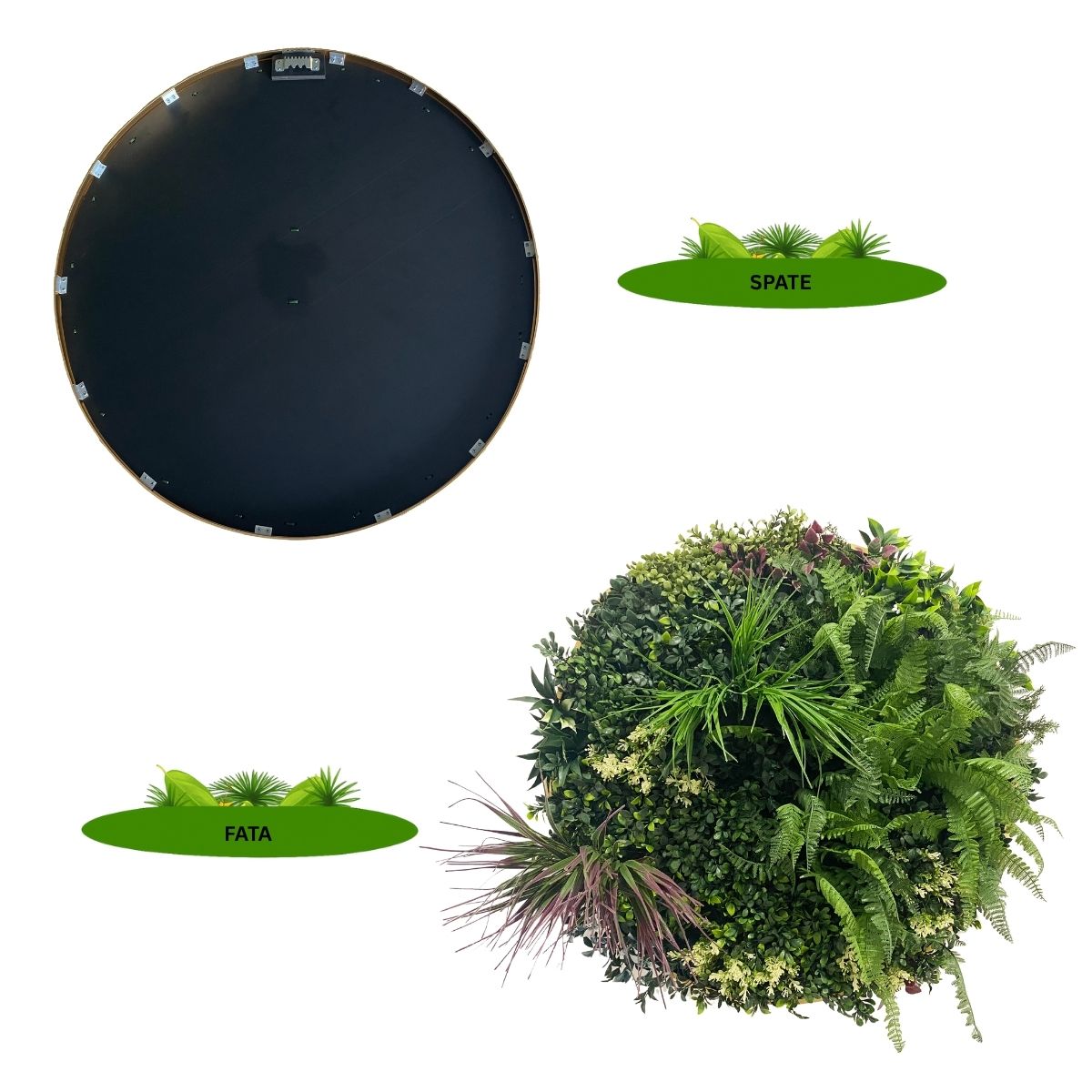 Aranjament decorativ, de perete, cu ramă din aluminiu și plante artificiale Naimeed D7465, diametru 75 cm